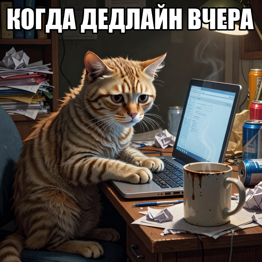 Мем: кот за ноутбуком с кружкой кофе, подпись «Когда дедлайн вчера»